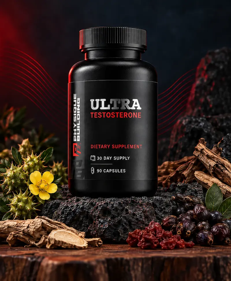 Ultra Testosterone bottle on volcanic rock with red lighting