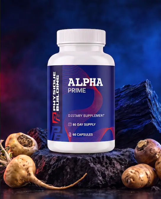 Alpha Prime bottle on dark rocks with blue and red lighting