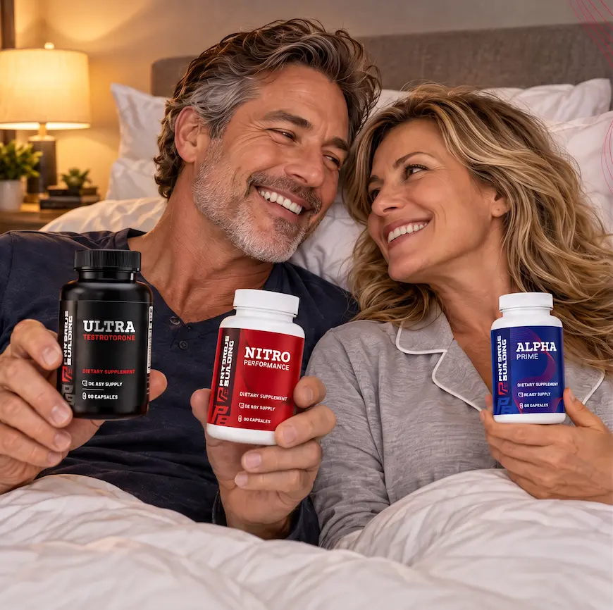 Couple smiling in bed while holding the three Bedroom Stack bottles
