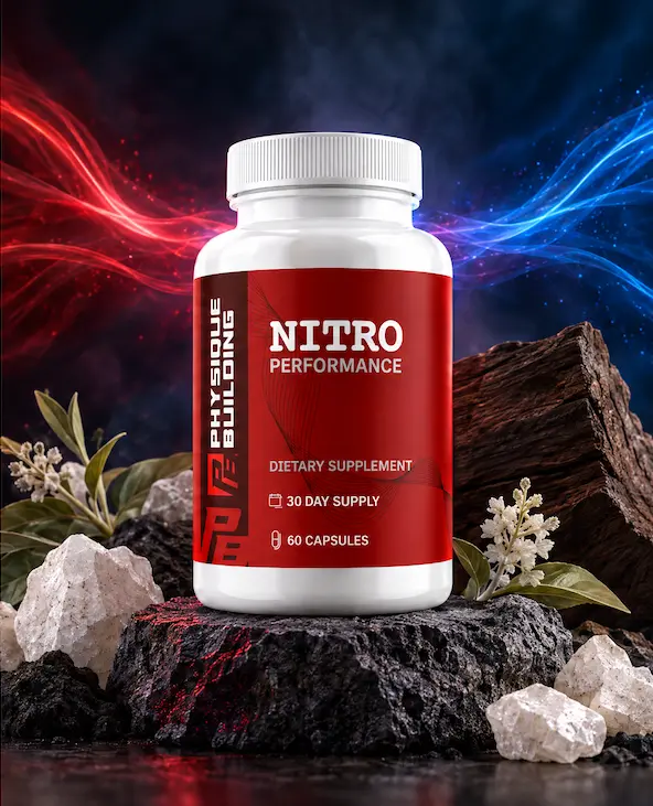 Nitro Performance bottle on volcanic rock with red and blue lighting